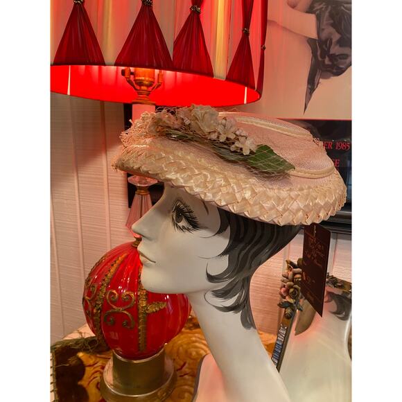 vintage 1950s pale pink saucer hat tulle and flowers 50s fashion easter wedding - Picture 4 of 8